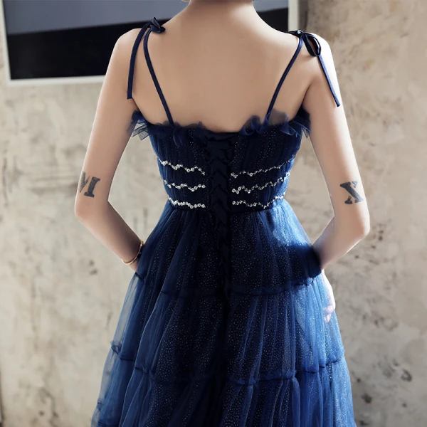 Elegante Königliches Blau Abendkleider 2020 A Linie Spaghettiträger Ärmellos Pailletten Glanz Tülle Lange Rüschen Rückenfreies Festliche Kleider