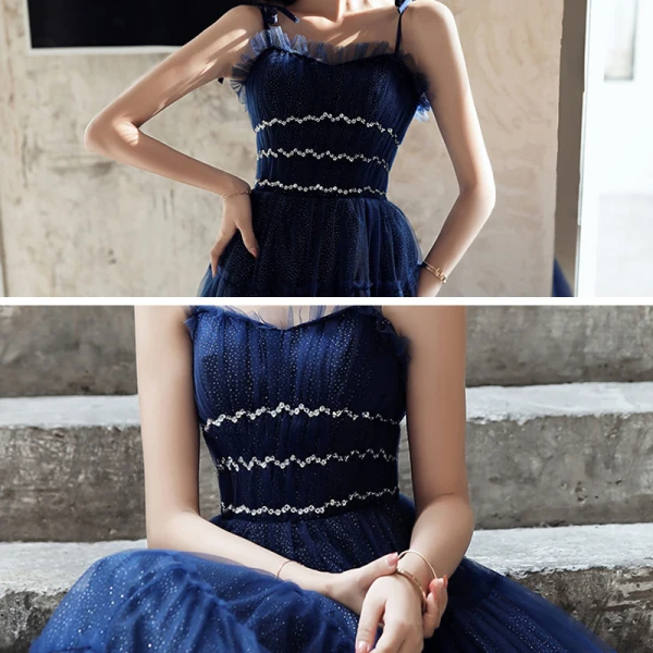 Elegante Königliches Blau Abendkleider 2020 A Linie Spaghettiträger Ärmellos Pailletten Glanz Tülle Lange Rüschen Rückenfreies Festliche Kleider
