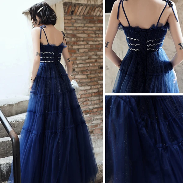 Elegante Königliches Blau Abendkleider 2020 A Linie Spaghettiträger Ärmellos Pailletten Glanz Tülle Lange Rüschen Rückenfreies Festliche Kleider