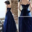 Elegante Königliches Blau Abendkleider 2020 A Linie Spaghettiträger Ärmellos Pailletten Glanz Tülle Lange Rüschen Rückenfreies Festliche Kleider