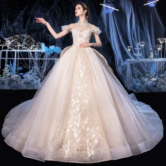 Vintage Retro Champagne Bridal Wedding Dresses 2020 Ball Gown See Through High Neck Short Sleeve Backless Appliques Lace Beading Tassel Glitter Tulle Royal Train Ruffle