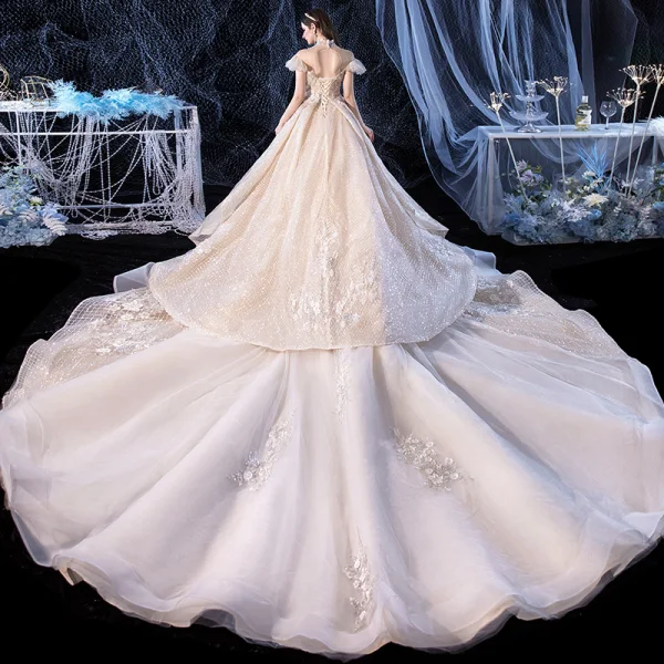 Vintage / Retro Champagne Bridal Wedding Dresses 2020 Ball Gown See-through High Neck Short Sleeve Backless Appliques Lace Beading Tassel Glitter Tulle Royal Train Ruffle