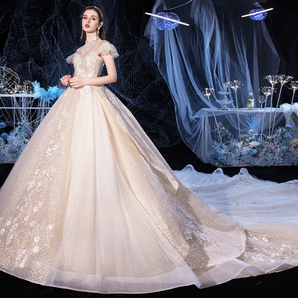 Vintage / Retro Champagne Bridal Wedding Dresses 2020 Ball Gown See-through High Neck Short Sleeve Backless Appliques Lace Beading Tassel Glitter Tulle Royal Train Ruffle