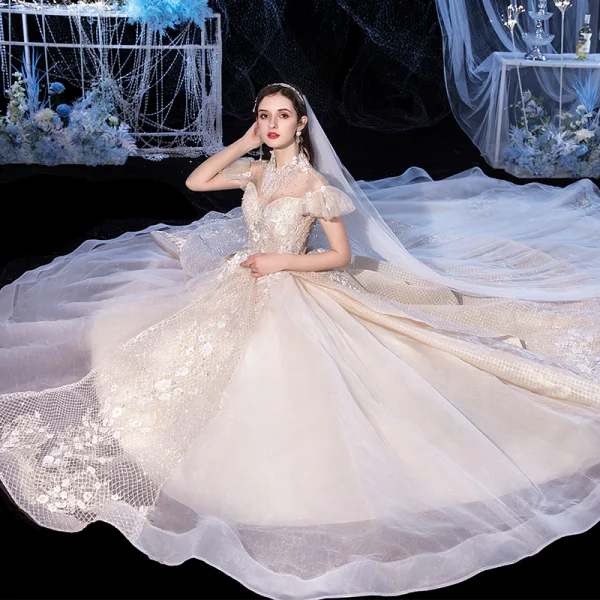 Vintage / Retro Champagne Bridal Wedding Dresses 2020 Ball Gown See-through High Neck Short Sleeve Backless Appliques Lace Beading Tassel Glitter Tulle Royal Train Ruffle