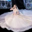 Vintage / Retro Champagne Bridal Wedding Dresses 2020 Ball Gown See-through High Neck Short Sleeve Backless Appliques Lace Beading Tassel Glitter Tulle Royal Train Ruffle