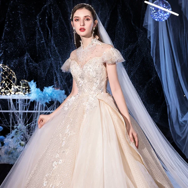 Vintage / Retro Champagne Bridal Wedding Dresses 2020 Ball Gown See-through High Neck Short Sleeve Backless Appliques Lace Beading Tassel Glitter Tulle Royal Train Ruffle
