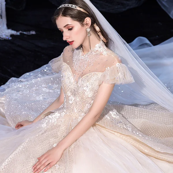 Vintage / Retro Champagne Bridal Wedding Dresses 2020 Ball Gown See-through High Neck Short Sleeve Backless Appliques Lace Beading Tassel Glitter Tulle Royal Train Ruffle