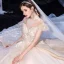 Vintage / Retro Champagne Bridal Wedding Dresses 2020 Ball Gown See-through High Neck Short Sleeve Backless Appliques Lace Beading Tassel Glitter Tulle Royal Train Ruffle