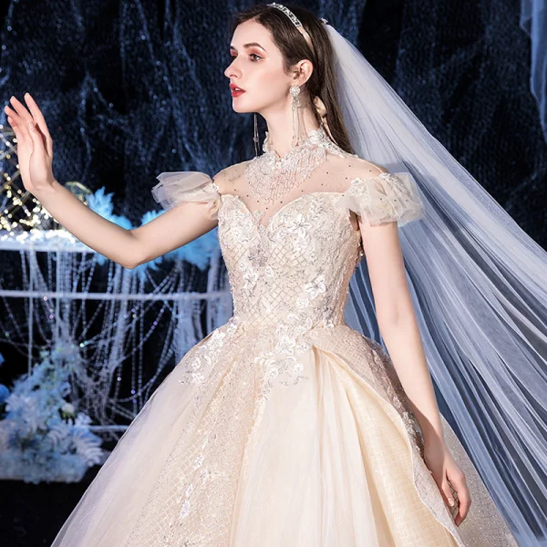 Vintage / Retro Champagne Bridal Wedding Dresses 2020 Ball Gown See-through High Neck Short Sleeve Backless Appliques Lace Beading Tassel Glitter Tulle Royal Train Ruffle