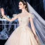 Vintage / Retro Champagne Bridal Wedding Dresses 2020 Ball Gown See-through High Neck Short Sleeve Backless Appliques Lace Beading Tassel Glitter Tulle Royal Train Ruffle
