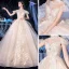 Vintage / Retro Champagne Bridal Wedding Dresses 2020 Ball Gown See-through High Neck Short Sleeve Backless Appliques Lace Beading Tassel Glitter Tulle Royal Train Ruffle