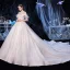 Vintage / Retro Ivory Bridal Wedding Dresses 2020 Ball Gown High Neck Short Sleeve Backless Appliques Lace Beading Glitter Tulle Cathedral Train Ruffle
