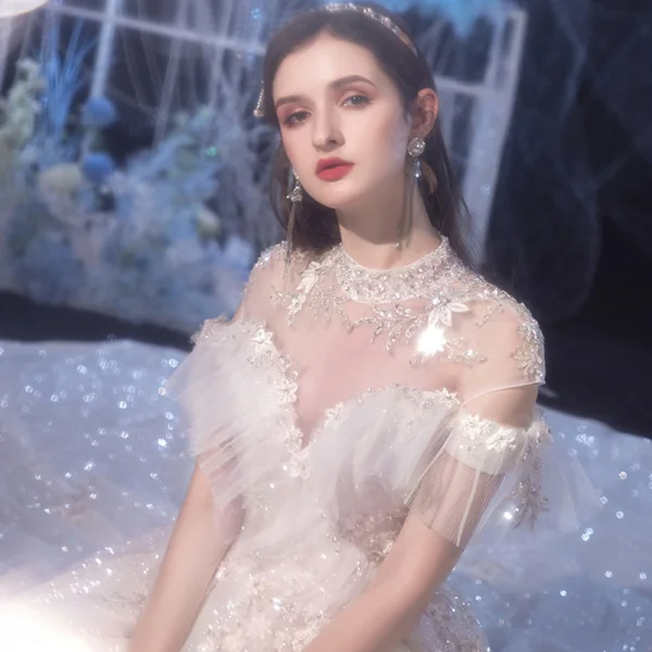 Vintage / Retro Ivory Bridal Wedding Dresses 2020 Ball Gown High Neck Short Sleeve Backless Appliques Lace Beading Glitter Tulle Cathedral Train Ruffle