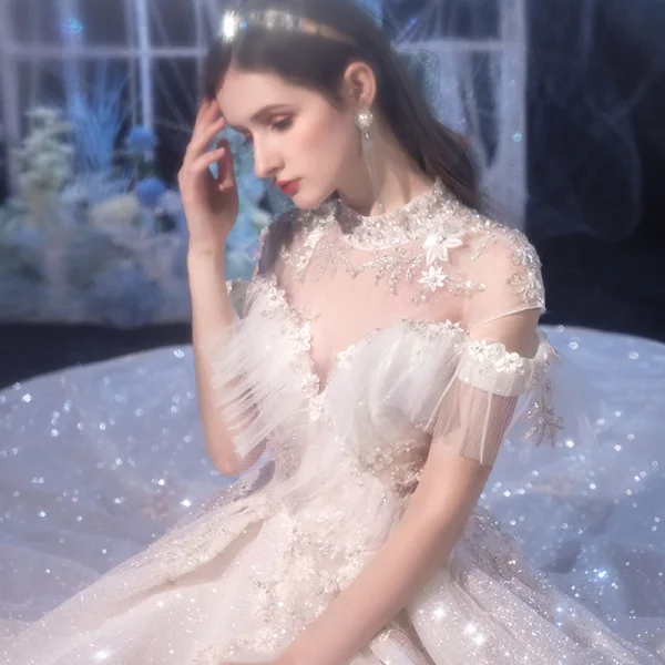 Vintage / Retro Ivory Bridal Wedding Dresses 2020 Ball Gown High Neck Short Sleeve Backless Appliques Lace Beading Glitter Tulle Cathedral Train Ruffle