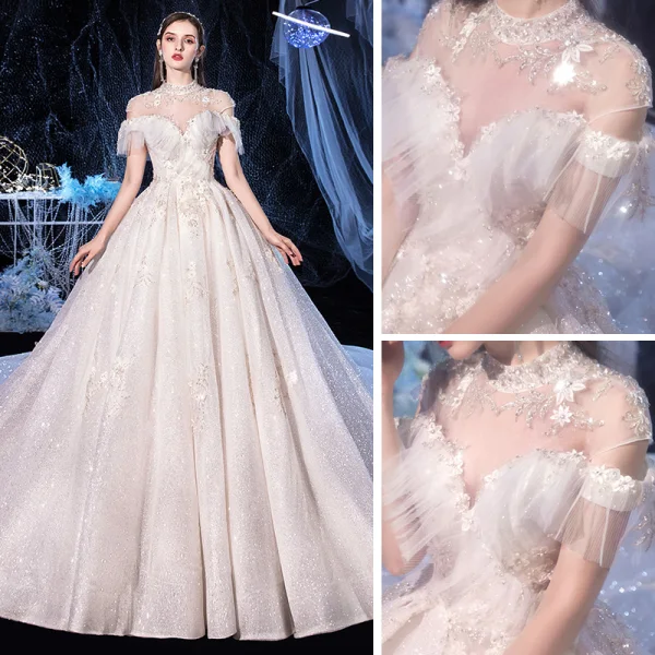 Vintage / Retro Ivory Bridal Wedding Dresses 2020 Ball Gown High Neck Short Sleeve Backless Appliques Lace Beading Glitter Tulle Cathedral Train Ruffle