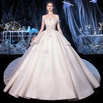 Chic Beautiful Ivory Bridal Wedding Dresses 2020 Ball Gown Off The Shoulder Short Sleeve Backless Appliques Lace Beading Glitter Tulle Cathedral Train Ruffle