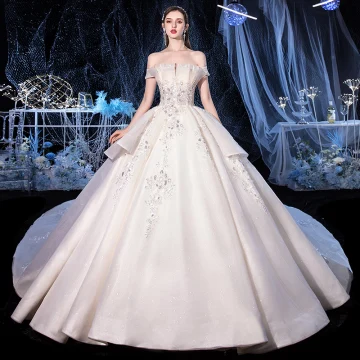 Chic Beautiful Ivory Bridal Wedding Dresses 2020 Ball Gown Off The Shoulder Short Sleeve Backless Appliques Lace Beading Glitter Tulle Cathedral Train Ruffle