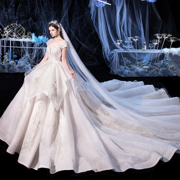 Elegant Ivory Bridal Wedding Dresses 2020 Ball Gown See-through Scoop Neck Short Sleeve Backless Glitter Tulle Appliques Lace Beading Cathedral Train Cascading Ruffles