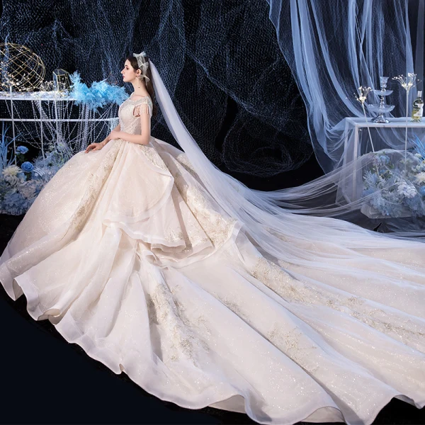 Elegant Ivory Bridal Wedding Dresses 2020 Ball Gown See-through Scoop Neck Short Sleeve Backless Glitter Tulle Appliques Lace Beading Cathedral Train Cascading Ruffles