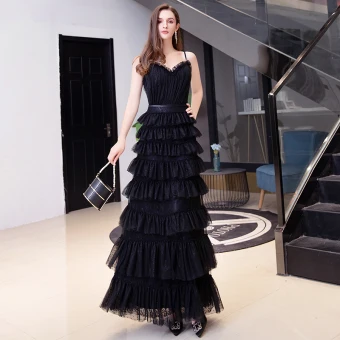 Chic Beautiful Black Holiday Evening Dresses 2020 A Line Princess Spaghetti Straps Sleeveless Sash Floor Length Long Cascading Ruffles Backless Formal Dresses