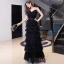 Chic / Belle Noire Vacances Robe De Soirée 2020 Princesse Bretelles Spaghetti Sans Manches Ceinture Longue Volants en Cascade Dos Nu Robe De Ceremonie