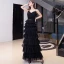Chic / Belle Noire Vacances Robe De Soirée 2020 Princesse Bretelles Spaghetti Sans Manches Ceinture Longue Volants en Cascade Dos Nu Robe De Ceremonie