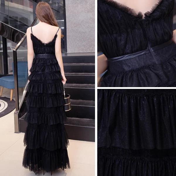 Chic / Belle Noire Vacances Robe De Soirée 2020 Princesse Bretelles Spaghetti Sans Manches Ceinture Longue Volants en Cascade Dos Nu Robe De Ceremonie