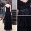 Chic / Belle Noire Vacances Robe De Soirée 2020 Princesse Bretelles Spaghetti Sans Manches Ceinture Longue Volants en Cascade Dos Nu Robe De Ceremonie