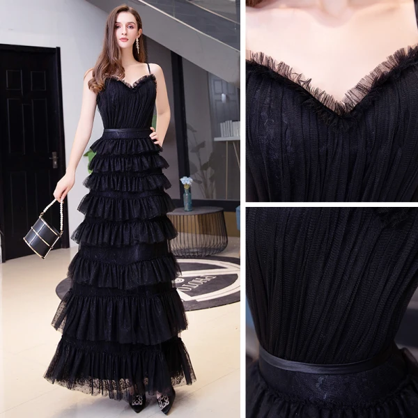 Chic / Belle Noire Vacances Robe De Soirée 2020 Princesse Bretelles Spaghetti Sans Manches Ceinture Longue Volants en Cascade Dos Nu Robe De Ceremonie
