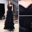 Chic / Belle Noire Vacances Robe De Soirée 2020 Princesse Bretelles Spaghetti Sans Manches Ceinture Longue Volants en Cascade Dos Nu Robe De Ceremonie