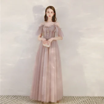 Chic Belle Rougissant Rose Robe De Soirée 2020 Princesse Bretelles Spaghetti Manches Courtes Longue Volants Dos Nu Robe De Ceremonie