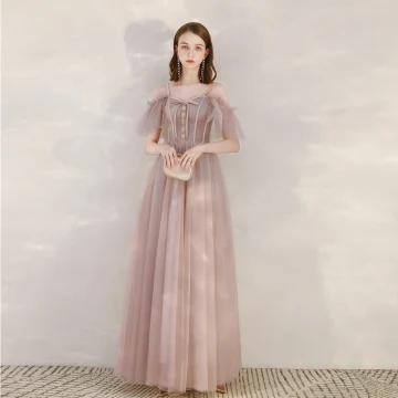 Chic Beautiful Blushing Pink Evening Dresses 2020 A Line Princess Spaghetti Straps Short Sleeve Floor Length Long Ruffle Backless Formal Dresses
