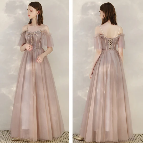Chic / Belle Rougissant Rose Robe De Soirée 2020 Princesse Bretelles Spaghetti Manches Courtes Longue Volants Dos Nu Robe De Ceremonie