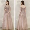 Chic / Beautiful Blushing Pink Evening Dresses  2020 A-Line / Princess Spaghetti Straps Short Sleeve Floor-Length / Long Ruffle Backless Formal Dresses