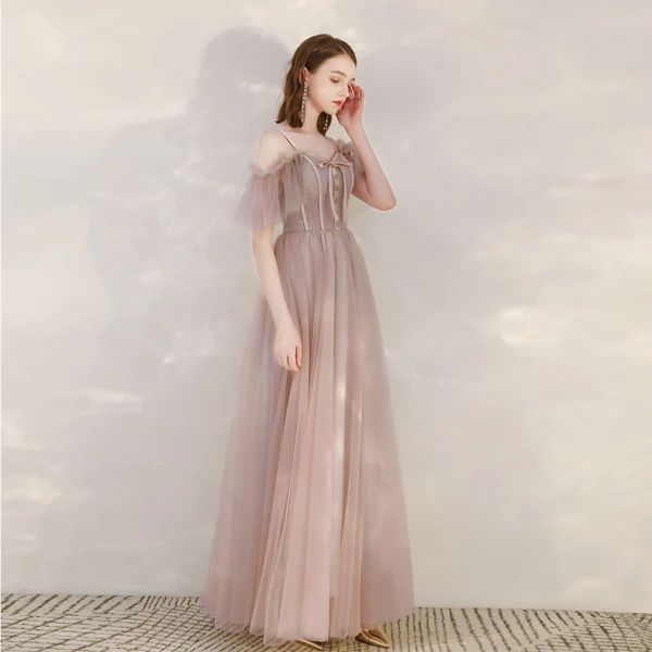 Chic / Belle Rougissant Rose Robe De Soirée 2020 Princesse Bretelles Spaghetti Manches Courtes Longue Volants Dos Nu Robe De Ceremonie
