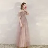 Chic / Beautiful Blushing Pink Evening Dresses  2020 A-Line / Princess Spaghetti Straps Short Sleeve Floor-Length / Long Ruffle Backless Formal Dresses