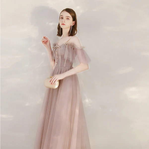 Chic / Belle Rougissant Rose Robe De Soirée 2020 Princesse Bretelles Spaghetti Manches Courtes Longue Volants Dos Nu Robe De Ceremonie