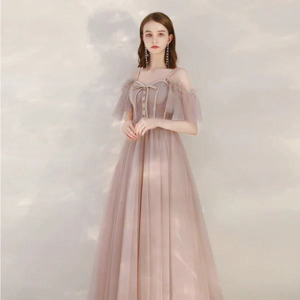 Chic / Belle Rougissant Rose Robe De Soirée 2020 Princesse Bretelles Spaghetti Manches Courtes Longue Volants Dos Nu Robe De Ceremonie