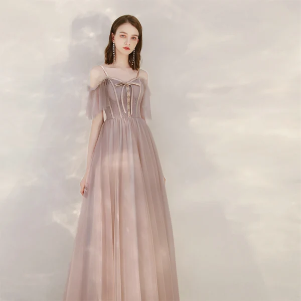 Chic / Belle Rougissant Rose Robe De Soirée 2020 Princesse Bretelles Spaghetti Manches Courtes Longue Volants Dos Nu Robe De Ceremonie