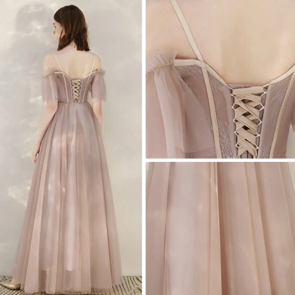 Chic / Belle Rougissant Rose Robe De Soirée 2020 Princesse Bretelles Spaghetti Manches Courtes Longue Volants Dos Nu Robe De Ceremonie