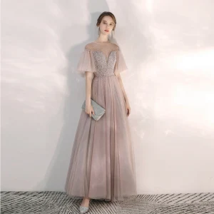 Elegant Blushing Pink Evening Dresses 2020 A Line Princess See Through Square Neckline Bell Sleeves Sequins Beading Floor Length Long Ruffle Backless Formal Dresses