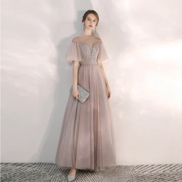 Elegant Blushing Pink Evening Dresses 2020 A Line Princess See Through Square Neckline Bell Sleeves Sequins Beading Floor Length Long Ruffle Backless Formal Dresses