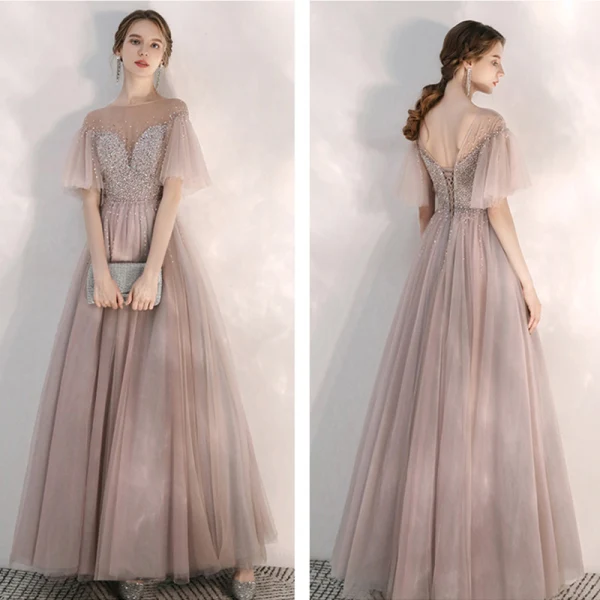 Elegant Blushing Pink Evening Dresses 2020 A-Line / Princess See-through Square Neckline Bell sleeves Sequins Beading Floor-Length / Long Ruffle Backless Formal Dresses