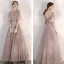 Elegant Blushing Pink Evening Dresses  2020 A-Line / Princess See-through Square Neckline Bell sleeves Sequins Beading Floor-Length / Long Ruffle Backless Formal Dresses