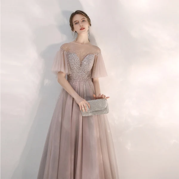 Elegant Blushing Pink Evening Dresses 2020 A-Line / Princess See-through Square Neckline Bell sleeves Sequins Beading Floor-Length / Long Ruffle Backless Formal Dresses