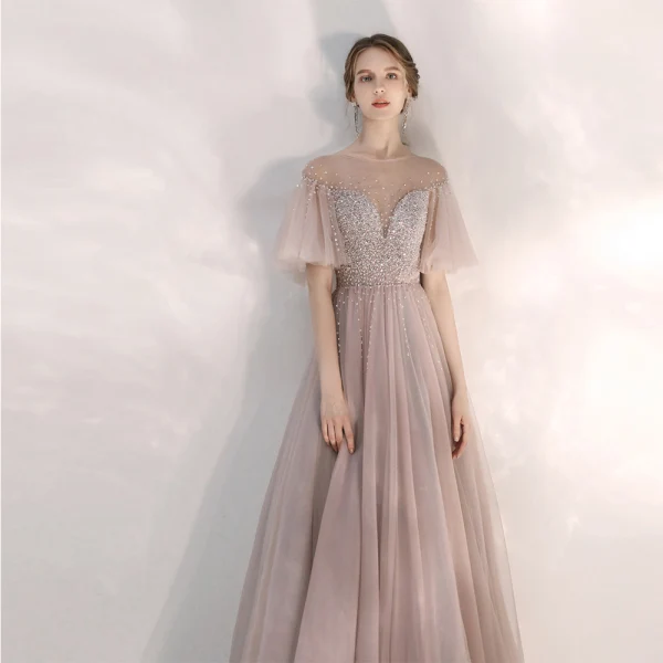 Elegant Blushing Pink Evening Dresses 2020 A-Line / Princess See-through Square Neckline Bell sleeves Sequins Beading Floor-Length / Long Ruffle Backless Formal Dresses
