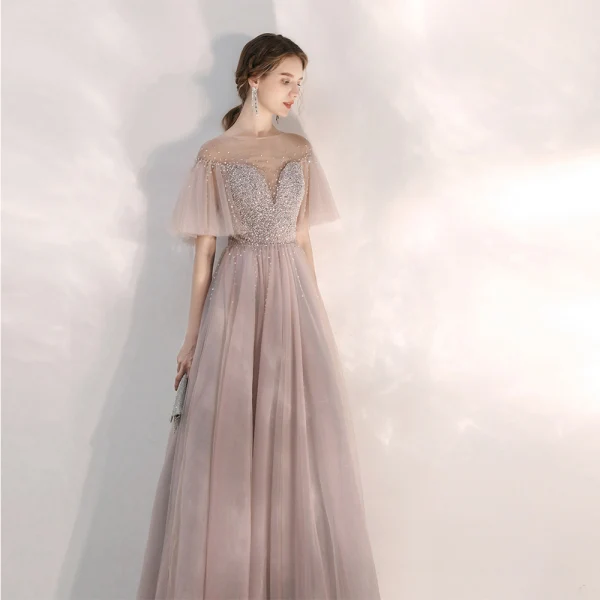 Elegant Blushing Pink Evening Dresses 2020 A-Line / Princess See-through Square Neckline Bell sleeves Sequins Beading Floor-Length / Long Ruffle Backless Formal Dresses