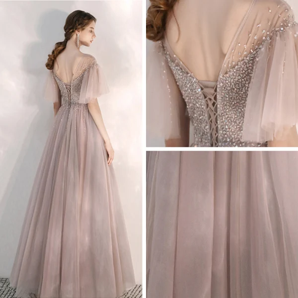 Elegant Blushing Pink Evening Dresses 2020 A-Line / Princess See-through Square Neckline Bell sleeves Sequins Beading Floor-Length / Long Ruffle Backless Formal Dresses