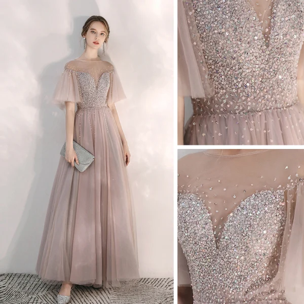 Elegant Blushing Pink Evening Dresses 2020 A-Line / Princess See-through Square Neckline Bell sleeves Sequins Beading Floor-Length / Long Ruffle Backless Formal Dresses