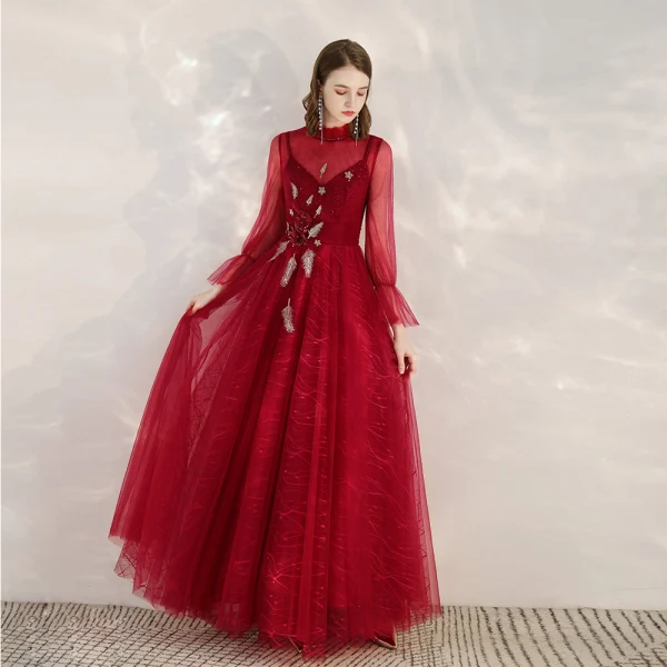Vintage / Originale Rouge Transparentes Robe De Soirée 2020 Princesse Col Haut Manches Longues Appliques Paillettes Perlage Longue Volants Dos Nu Robe De Ceremonie